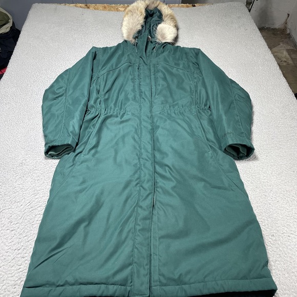 Cabela's Coat Womens Large Green Hooded Long Parka Gore-Tex Thinsulate Fur